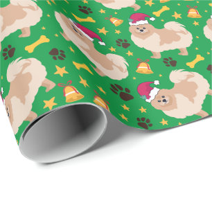 Papel De Regalo Navidades Perros Pomeranos Con Sombrero De Santa,