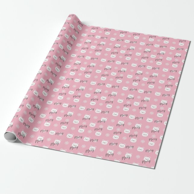 Papel De Regalo Navidades personalizados Chica de oso polar rosado (Desenrollado)