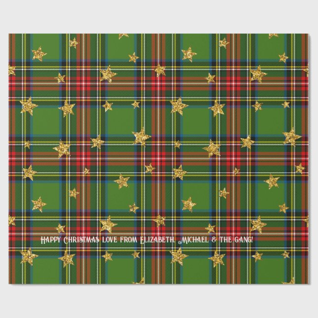 Papel De Regalo Navidades personalizados de Green Tartan Gold Star (Superficie plana)