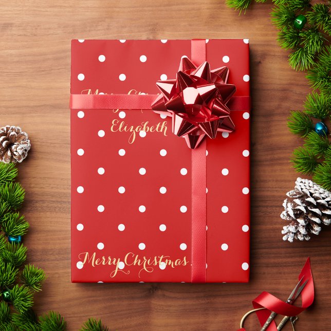 Papel De Regalo Navidades personalizados Red Faux Gold Script Polk (Custom Christmas Red Faux Gold Script Polka Dot Wrapping Paper)