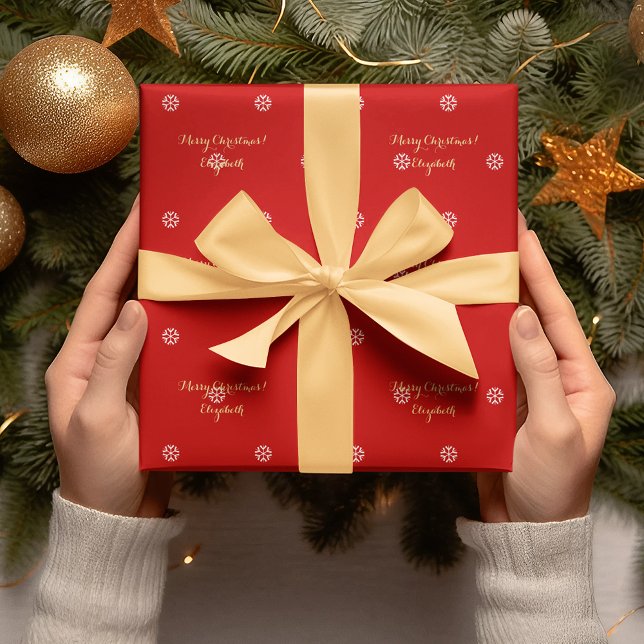 Papel De Regalo Navidades personalizados Rojo Snowflakes Faux Gold (Custom Christmas Red Snowflakes Faux Gold Script Wrapping Paper)