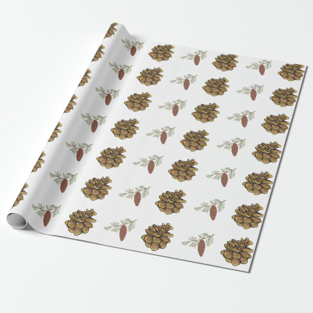 Papel De Regalo Navidades Pine Cones Green Branches Treches Patter (Desenrollado)