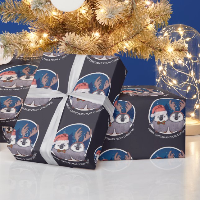 Papel De Regalo Navidades Pingüino Pareja Cute Santa y Reno (Vacaciones)