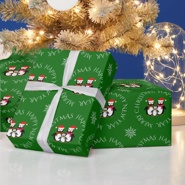 Papel De Regalo Navidades pingüino personalizado texto verde (Vacaciones)
