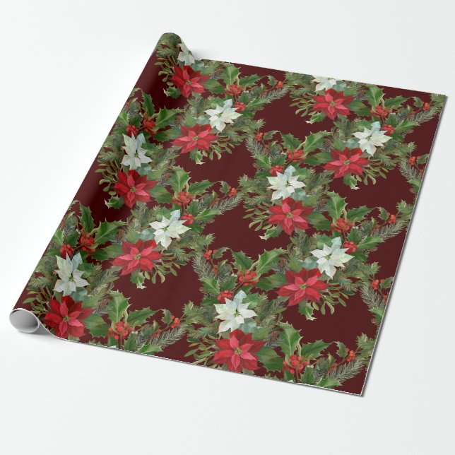 Papel De Regalo Navidades Poinsettia blanca y roja, Holly Berry (Desenrollado)