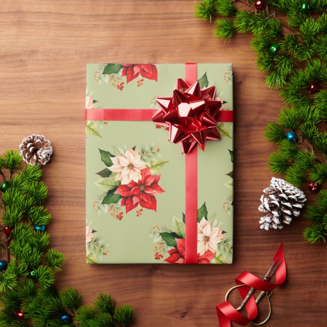 Papel De Regalo Navidades Poinsettia Floral con elegante botánica (Regalo de vacaciones)
