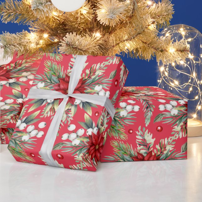 Papel De Regalo Navidades Poinsettia Red Green Classic Elegante (Vacaciones)