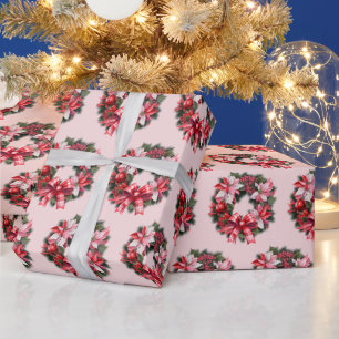 Papel De Regalo Navidades Poinsettia Roja y Berries Wreath Pink