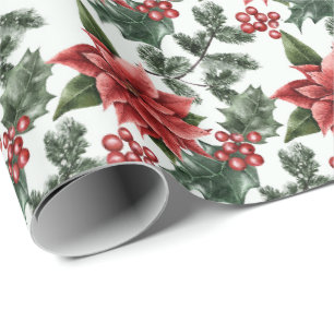 Papel De Regalo Navidades Poinsettias Holly Berries y hojas