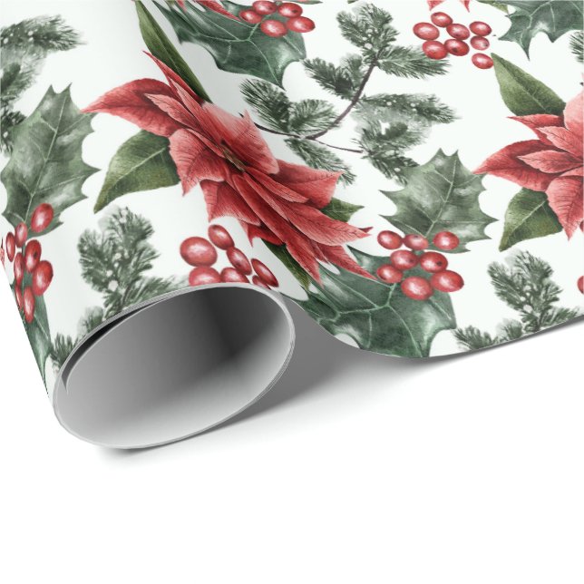 Papel De Regalo Navidades Poinsettias Holly Berries y hojas (Esquina del rollo)