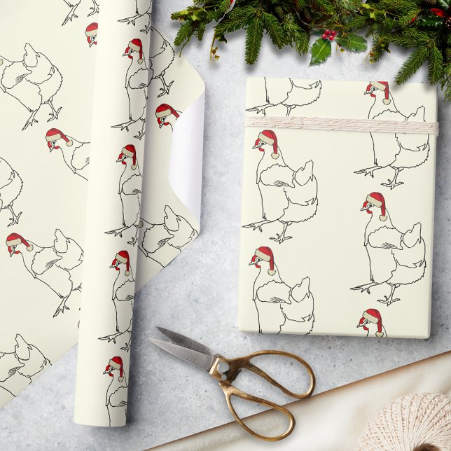 Papel De Regalo Navidades Pollo con patrón de sombrero Santa (Christmas chicken wearing a Santa hat pattern holiday wrapping paper simple farm chicken drawing art)