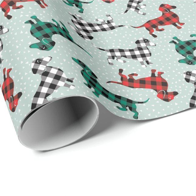 Papel De Regalo Navidades por la mañana Buffalo Plaid Dachshunds (Esquina del rollo)