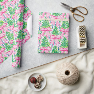 Papel De Regalo Navidades Preppy Pink Bows y Garland