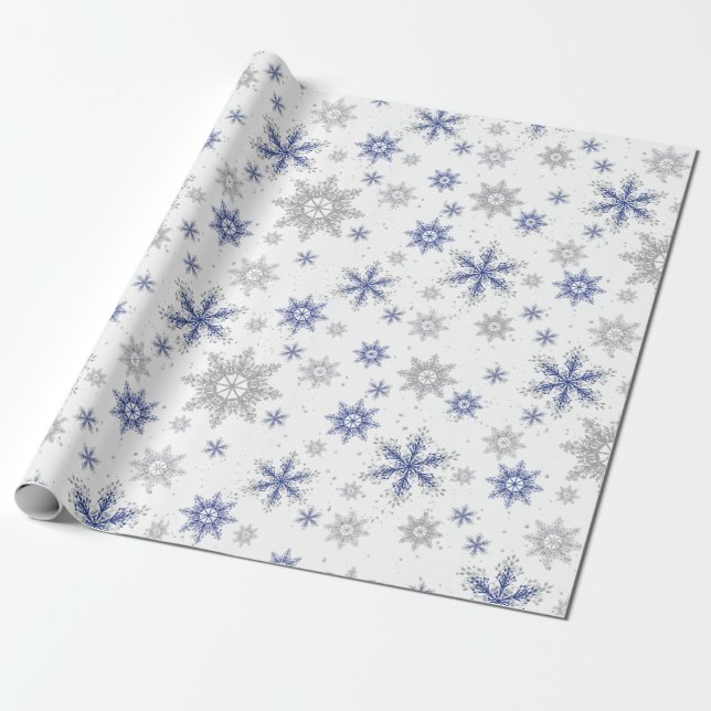 Papel De Regalo Navidades Purpurina de copos de nieve Blue Silver  (Desenrollado)