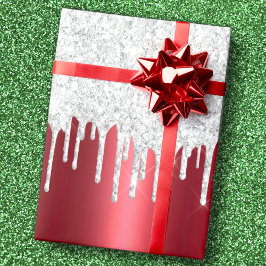Papel De Regalo Navidades Purpurina metálico rojo y plata de goteo