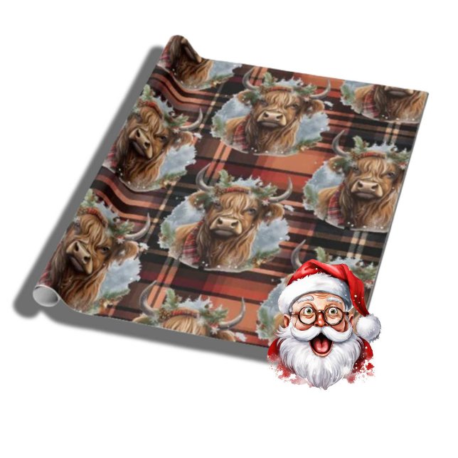 Papel De Regalo Navidades quemaron naranja Tartan Highlander Vaca (Merry Christmas)