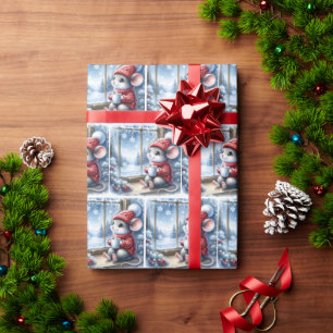 Papel De Regalo Navidades Ratón En La Ventana Con Cacao Caliente