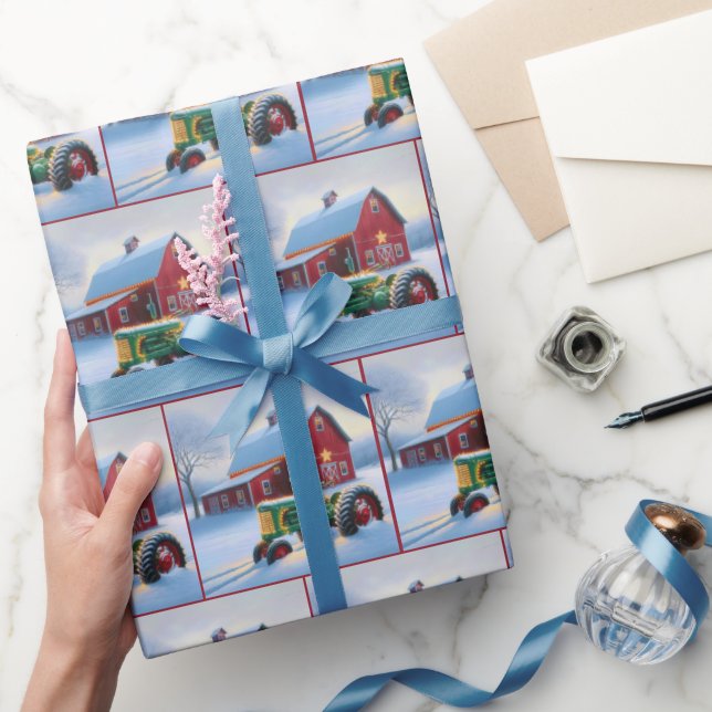 Papel De Regalo Navidades Red Barn con Green Tractor (Regalar)