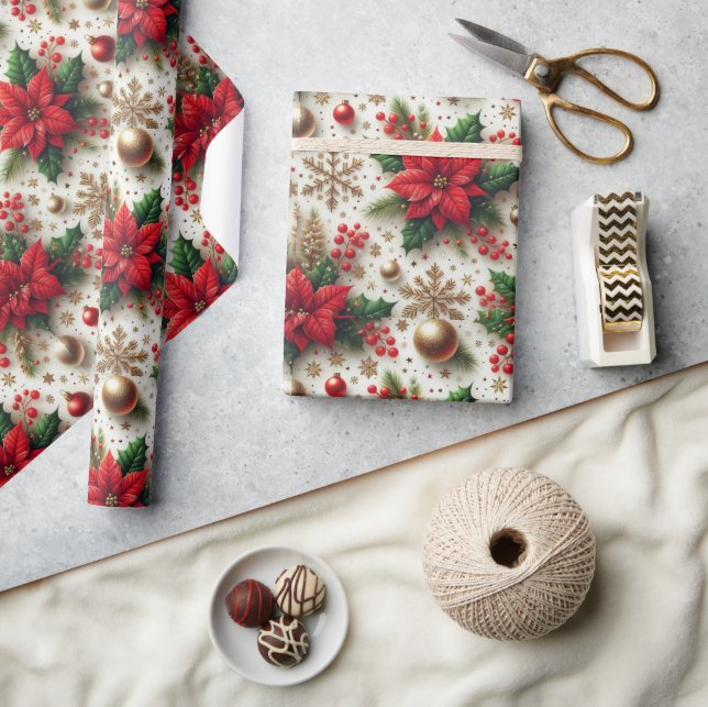 Papel De Regalo Navidades Red Poinsettia Gold Snowflake Glossy (Artesanía)