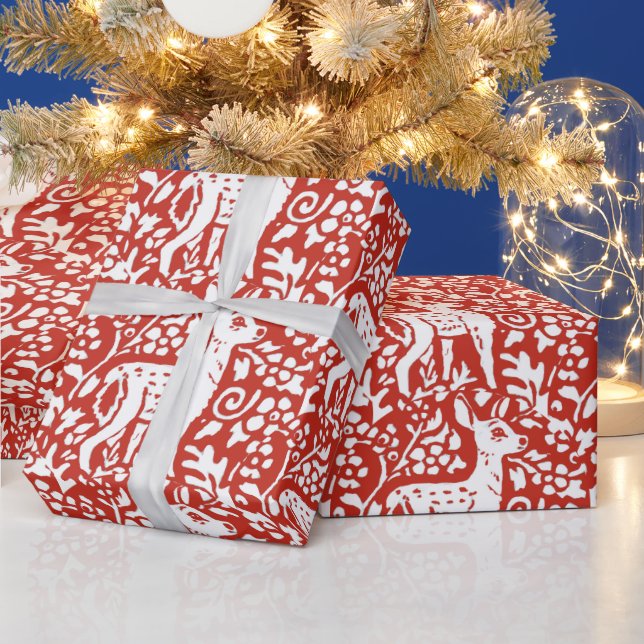 Papel De Regalo Navidades Red White Reindeer Fawn Woodland Winter (Vacaciones)