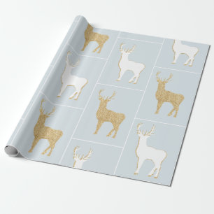 Papel De Regalo Navidades Renos Geométricos Blancos, Azules y Oro