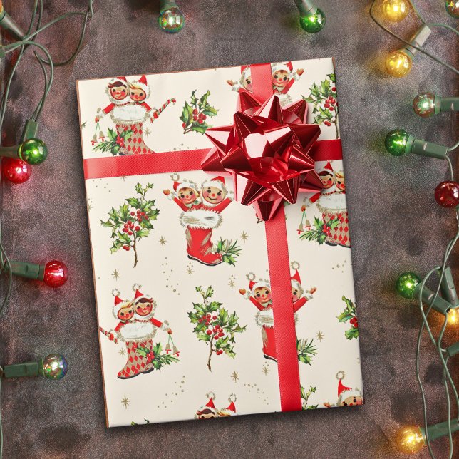 Papel De Regalo Navidades retro de cosecha corta elfos rojos verde (Subido por el creador)