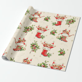 Papel De Regalo Navidades retro de cosecha corta elfos rojos verde