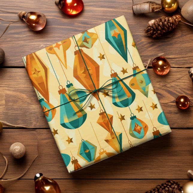 Papel De Regalo Navidades retro de mediados del siglo 2014 Ornamen (Midcentury modern glass ornament and atomic star wrapping paper in copper and teal.)