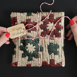 Papel De Regalo Navidades Retro De Punto Verde Rojo Clima De Suero