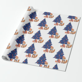 Papel De Regalo Navidades retro Fox Ilustracion azul rojo