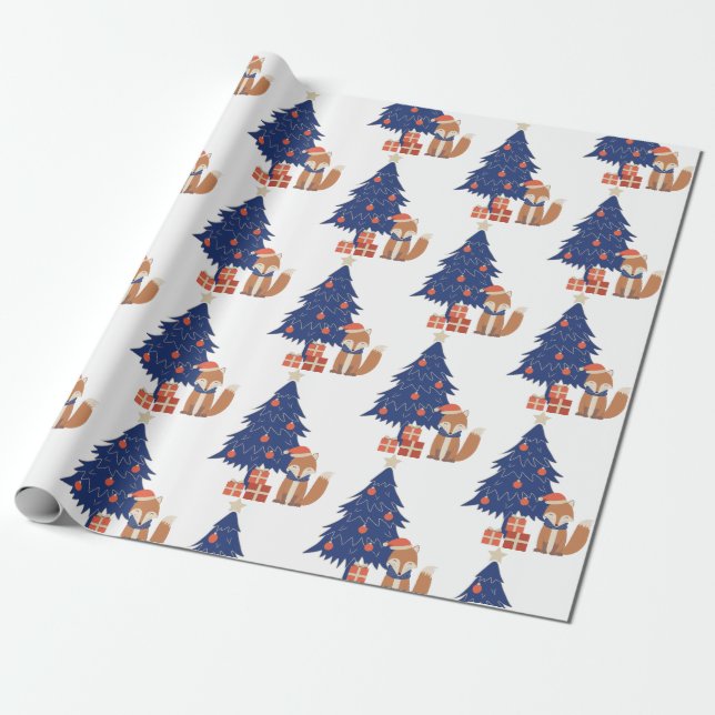 Papel De Regalo Navidades retro Fox Ilustracion azul rojo (Desenrollado)