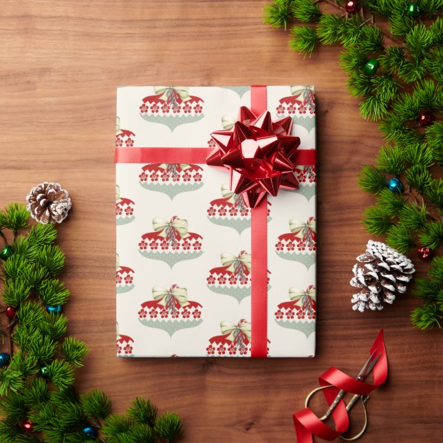 Papel De Regalo Navidades Retro Ornamento Verde Blanco Rojo (Regalo de vacaciones)