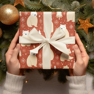 Papel De Regalo "Navidades Retro Oso Y Árbol Rojo Y Blanco