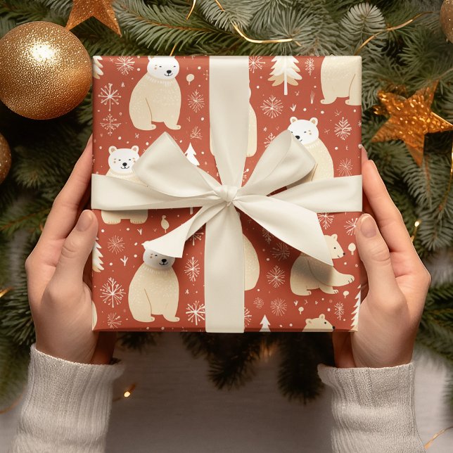 Papel De Regalo "Navidades Retro Oso Y Árbol Rojo Y Blanco (Subido por el creador)