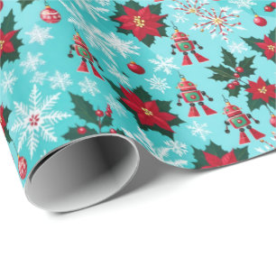 Papel De Regalo Navidades Retro Robots Sci-Fi Ornaments Blue