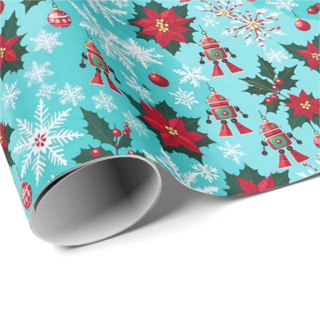 Papel De Regalo Navidades Retro Robots Sci-Fi Ornaments Blue (Esquina del rollo)