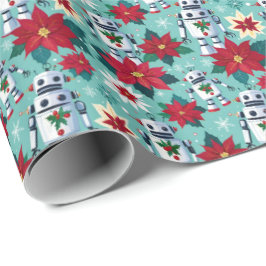 Papel De Regalo Navidades Retro Robots y Poinsettias de Ciencia Fi