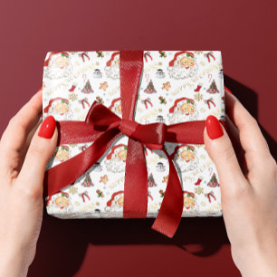 Papel De Regalo Navidades Retro Santa White y Red Everything