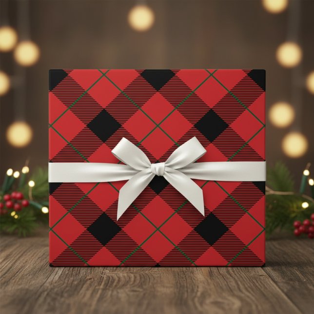 Papel De Regalo Navidades Rojo, Verde Y Negro Diagonal Placa (Christmas Red, Green And Black Diagonal Plaid Wrapping Paper)