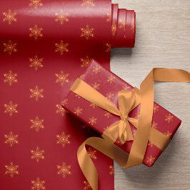 Papel De Regalo Navidades rojos con copos de nieve dorados sencill