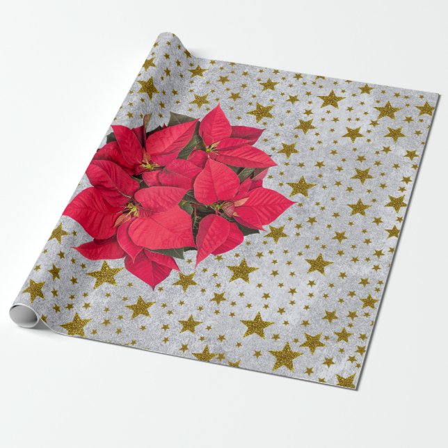 Papel De Regalo Navidades rojos floriendo estrellas de oro en plat (Desenrollado)