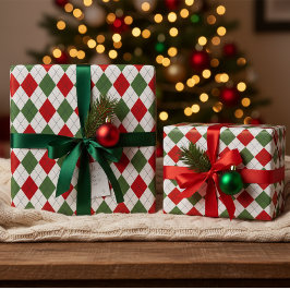 Papel De Regalo Navidades rojos y verdes clásicos Diamantes estilo