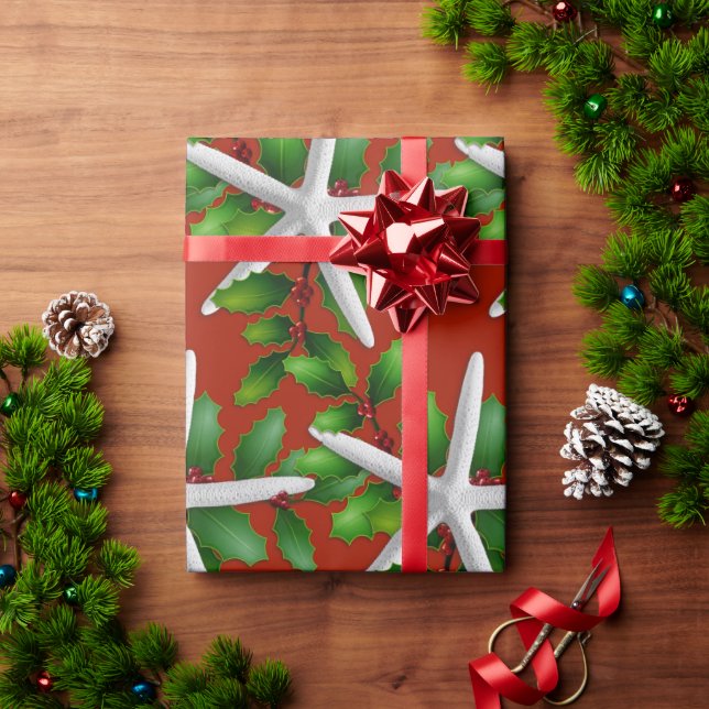 Papel De Regalo Navidades rompen Starfish en Holly en rojo (Regalo de vacaciones)