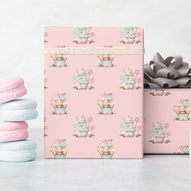 Papel De Regalo Navidades rosados Copos de nieve Cumpleaños (Pink Christmas Cupcake Wrapping Paper, Candy Sweets Birthday Gift Wrap, Winter Wonderland)