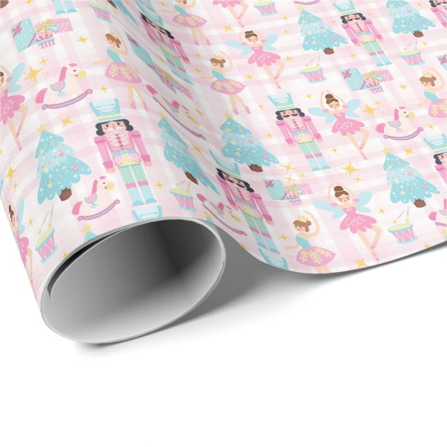 Papel De Regalo Navidades rosados Cute Gingham Nutcracker (Esquina del rollo)
