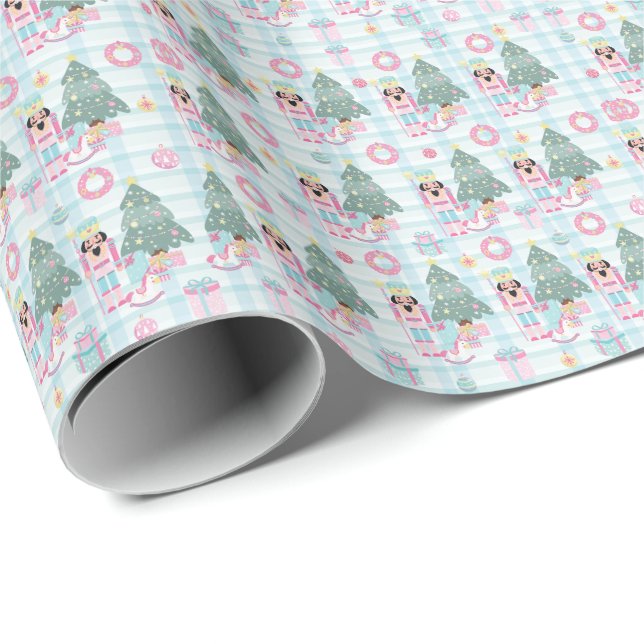 Papel De Regalo Navidades rosados Cute Gingham Nutcracker (Esquina del rollo)