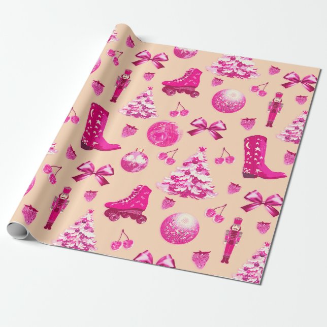 Papel De Regalo Navidades rosados de Cute Girly Preppy (Desenrollado)