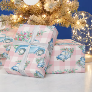 Papel De Regalo Navidades rosados de Gingham Blue Vintage Car
