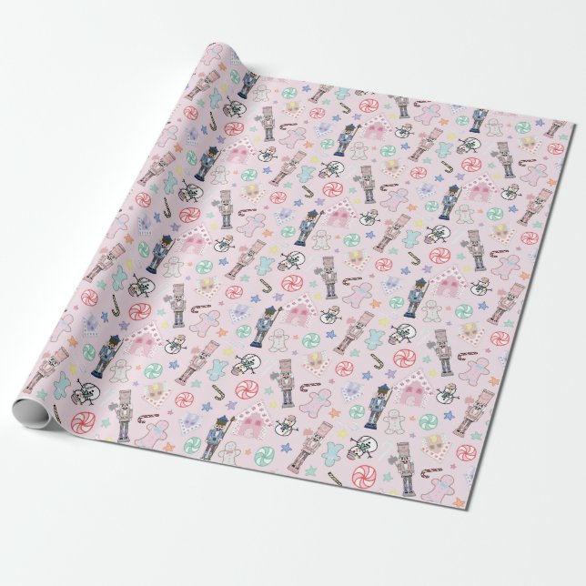 Papel De Regalo Navidades rosados Nutcracker, Gingerbread y Snowme (Desenrollado)