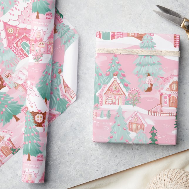 Papel De Regalo Navidades rosados pasteles Casas de pan de jengibr (Subido por el creador)